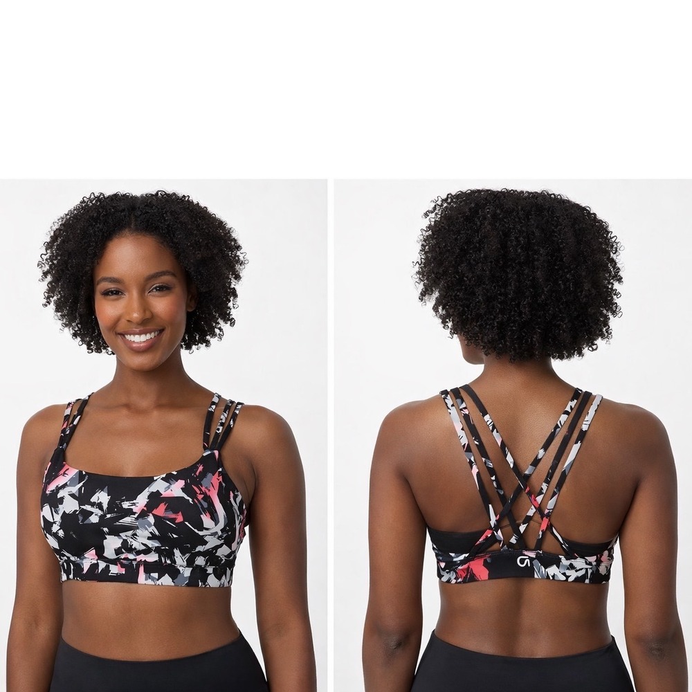 GapFit Womens Low Impact Strappy Back Sports Bra Graffiti Abstract Pink Black S